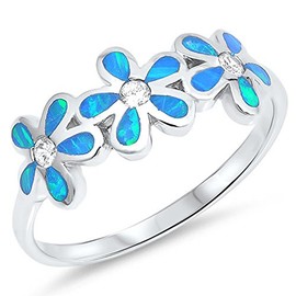 Clear CZ Blue Simulated Opal Plumeria Flower Ring .925 Sterling Silver Band Size 7