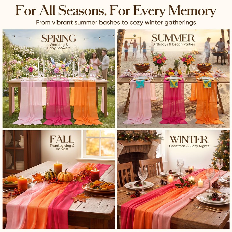 3 Pcs 10FT Sunset Table Runner Set, Pink and Orange