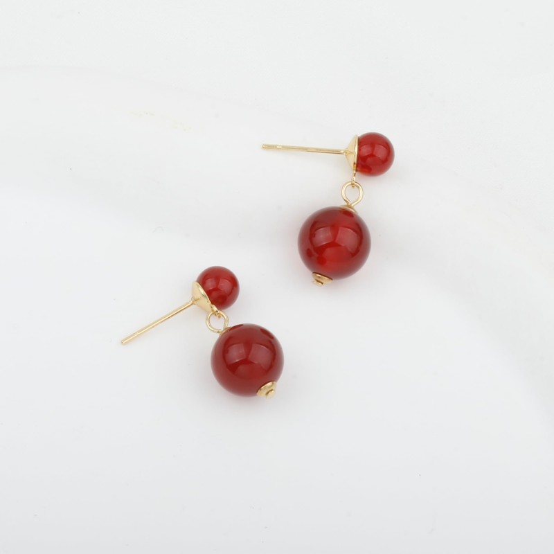Handmade Red Agate Double Round Beads Dangle Drop Earrings for