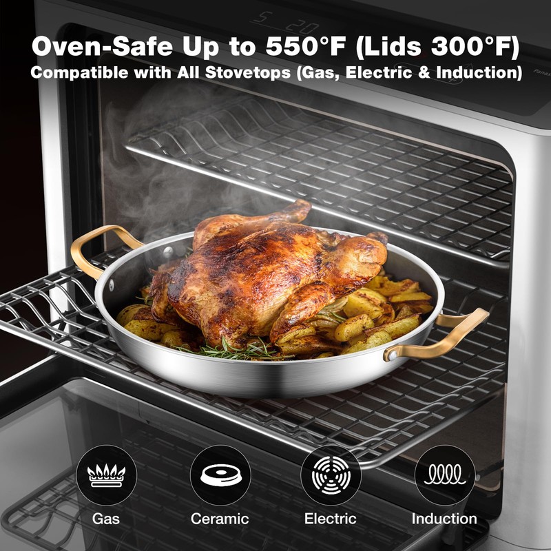 Yeksum 14 Inch Stainless Steel Paella Pan with Lid,Frying Pan,