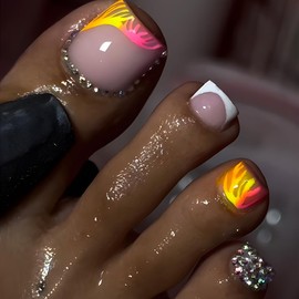 Press on Toenails for Women White French Tip Fake Toe Nails French Toe Nail Press ons Stripe Print Rhinestone Design Acrylic Toenails Full Cover Glue on Toenails for Summer Nail Art Decorations 24PCS