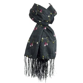 GFM® Thai Silk-Effect Embroidered Small Size : L:162cm x W:62cm Summer Scarf - Black - (THSK-KL)
