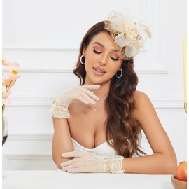 Harimea Fascinators Hats Clip Hat Wedding Cocktail Fascinators Tea Party Headwear and Short Lace Bowknot Gloves for Women (102 Beige Brown)