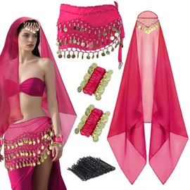 GANZHOUYILAN - Juego de 4 bufandas para danza del vientre, falda de danza del vientre y bufanda para la cabeza con monedas, 2 pulseras de muñeca con 50 pines, Rosa, talla única corto