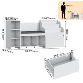 Winkalon 67” Kids Bookshelf and Bookcase, Reading Nook with Bench, Modern Kids Bookshelf with Seat Cushion and 6 Storage Cubbies, Toy Storage Box on Wheels, Toy Chest for Nursery, Classroom White