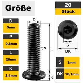 Pack of 20 M5 x 20 mm Flat Head Screws Hexagon Socket Drive Stainless Steel A2 V2A Screws Black Full Thread with Allen Key