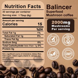 Mushroom Coffee, 6 Adaptogenic Mushrooms (Lion's Mane, Cordyceps, Turkey Tail & Other) Mixed with Premium Instant Coffee for Focus, Energy, Immune and Gut Health Support, 60 Servings