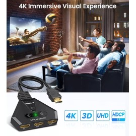 Universal HDMI Switch 4K HDMI Splitter, Automatic HDMI Switch 3 in 1 Out with Pigtail HDMI