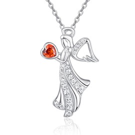 KINGWHYTE Angel Birthstone Necklace for Women 925 Sterling Silver Angel Pendant Necklace Birthstone Jewellery Birthday Gift for Women Girls, Sterling Silver, Garnet