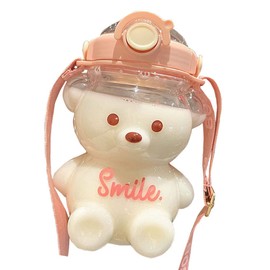 HUSHUI Kawaii Bear Straw Bottle, Portable Bear Shaped Water Bottle with Straw and Carrying Strap, Water Bottle with Adjustable Shoulder Strap, Outdoor Travel