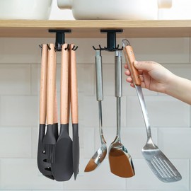 Nmgkokew 2 Pieces Kitchen Utensil Holder, 360° Rotating Kitchen Utensils Hook Rack, No Drilling Hook Rack for Kitchen Utensils with 6 Hooks, Kitchen Tool Holder Rack for Kitchen/Bathroom/Wardrobe