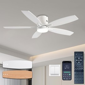 KNUN 51 Inch Low Profile Ceiling Fan with Light and Remote/App Control,Ceiling Fans with Lights, 3CCT,Dimmable,Noiseless,Flush Mount,White Ceiling Fan for Indoor/Outdoor Use
