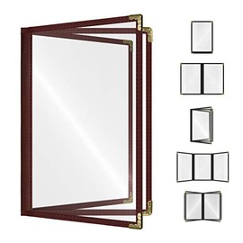 Goodsmart Restaurant Menu Covers – 25 Pack Burgundy 6-View Booklet 8.5" x 14", Side-Loading Vinyl & Plastic Menu Holders, Clear Menu Sleeves, Leather-Style Café Covers with Gold Corners