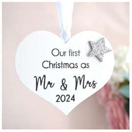 First Christmas As Mr & Mrs 2024 Newlywed Wedding Keepsake. Hanging Christmas Tree Ornament. Xmas Decoration White silver