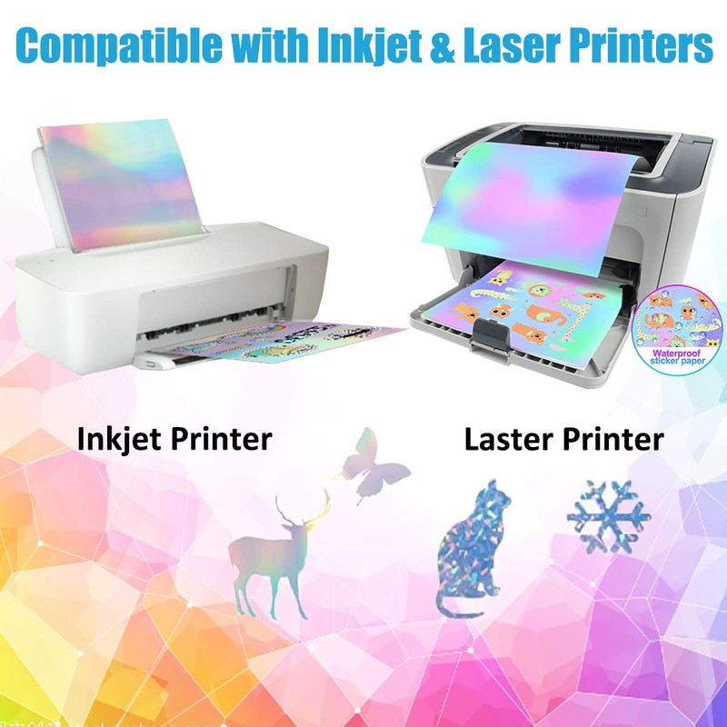 Wonninek 30 Sheets A4 Holographic Paper Sticker, Printable Waterproof Sticker