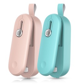 FEPPO 2 Pack Bag Sealer, Mini Bag Sealer 2 in 1 Handheld Chip Bag Sealer Heat Seal and Cutter with Lanyard, Portable Resealer for Snacks Plastic Bag Food Storage, Pink/Green (Batteries Included)