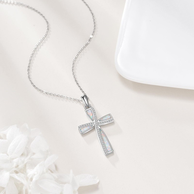 URONE Opal Cross Necklace for Women 925 Sterling Silver White