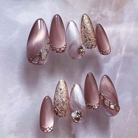 Almond Press On Nails Medium Fake Nails Gold Glitter With Rhinestone Design Summer False Nails Brown Gradient Full Cover Stick On Nails Acrylic Nails Manicure Artificial Nails For Women 24pcs