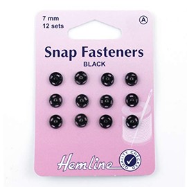 Hemline Snap Fasteners - Black, Size 7mm, 12 sets