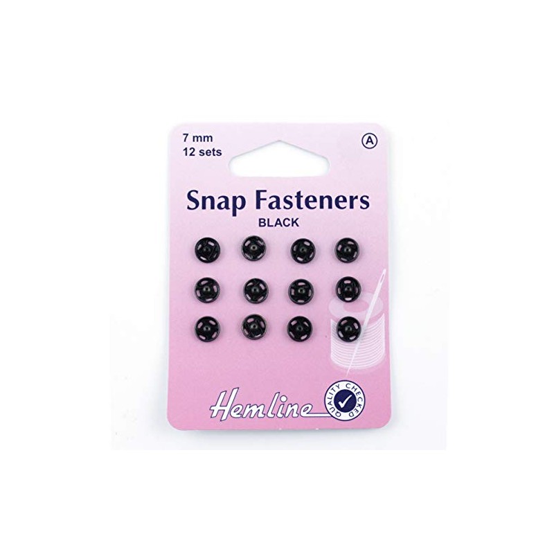 Hemline Snap Fasteners - Black, Size 7mm, 12 sets