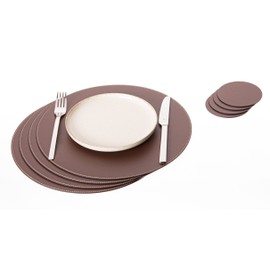 Nikalaz Set of Round Placemats and Coasters, 4 Table Mats and 4 Coasters, 33 cm Diameter Place Mat and 10 cm Coaster, Recycled Natural Leather, Dining Table Decor (Brown)