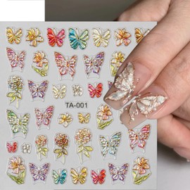 Glitter Butterfly Nail Stickers Flower Nail Decals Shell Luminous Gold Nail Art Sticker Crystal Soft Glue 5D Embossed Nail Art Decorations Manicure Colorful Floral Self Adhesive Stickers Back Adhesive