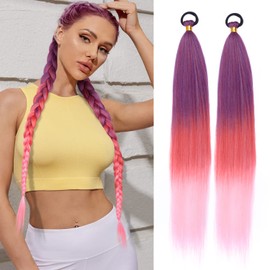 2 Pack Pink Ponytail Extension with Elastic Tie Straight Sleek Wrap Around Braid Ponytail Red Gradient 26 Inch (Purple/Red/Pink#)