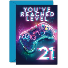 21st Gamer Birthday Cards for Men Women - You've Reached Level 21 - Happy 21 Birthday Card for Son Daughter Brother Sister Friend, 5x7 Inch Twenty-One Twenty-First Bday Video Game Greeting Cards