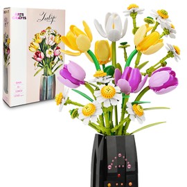 Building Block Flower Bouquet Set, 1250 Pieces, Artificial Tulips and Daisies with Vase, Home Decor Gift