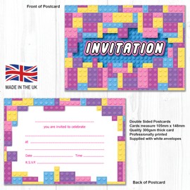 20 x Girls Toy Block Kids Birthday Invitations - A6 Double Sided Cards with Envelopes. Designed and Printed on the UK