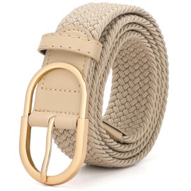 JASGOOD Ladies Stretch Belt Elastic Braided Belt Woven Belts for Women Men Ladies Belts for Jeans, Beige(Gold Buckle), L