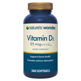 Nature's Wonder Vitamin D3 5000iu (125mcg) High Potency, Dietary Supplement to Support Bone Health and Immune System, Gluten Free, 360 Softgels, 1 Year Supply