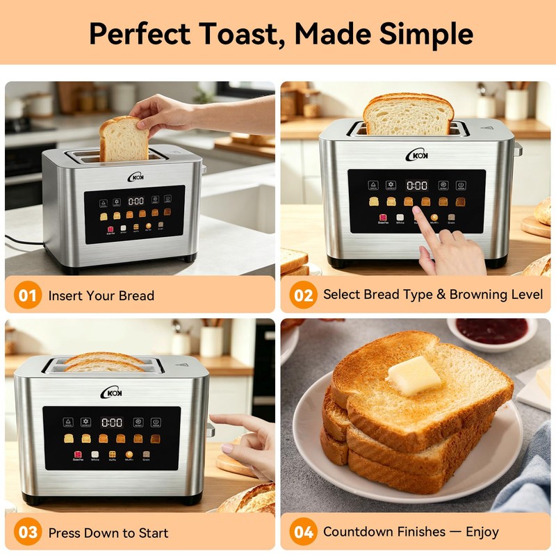 KOK 2 Slice Touch Screen Toaster, Stainless Steel Smart Toaster