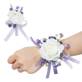 Zythrem Purple Corsage and Boutonniere Set, Rose Boutonniere Artificial Flower Wrist Corsage Bracelets for Wedding Flowers Accessories Homecoming Prom Suit Decorations