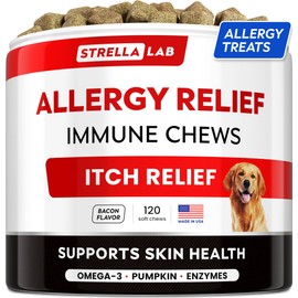 StrellaLab Dog Allergy Relief & Anti Itch Support Chews w/Omega 3: Real Ingredients, Real Taste! Skin & Coat Immune Supplement w/Fish Oil, Pumpkin & Enzymes — Developed by Experts - Made in USA -120Ct