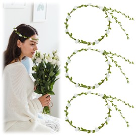3 Pcs Flower Crown, White Flower Headband, Fairy Crown, Leaf Crown,Wreath Garland, vine crown,Flower Headbands for Women,Boho Flower Crown for Girls,Floral Fairy Headpiece for Wedding,Rose Hair Wreath