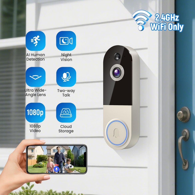 NexoSora 1080p Wireless Doorbell Camera with Receiver, AI Human Detection,
