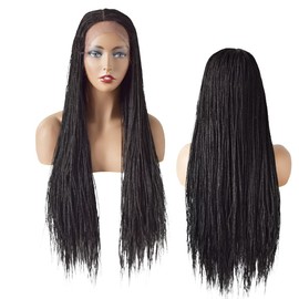 LYRICAL HAIR Micro Twist Wigs For Black Women 3.5" V Part Swiss Soft Lace Front African American Braids Wigs 31" Long Black Ombre Blonde Wine Red Heat Resistant Kanekalon Side Part Afro Box Braided Wig LB85494D 1B Natural Black