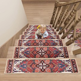 Stair Treads Non Slip,Stair Runner Set of 15, 30x8 Stair Treads for Wooden Steps, Reusable Rubber Backing Safety Stair Carpet Treads for Pets, Kids & Elders,Machine Washable Stair Carpet (Boho Red)