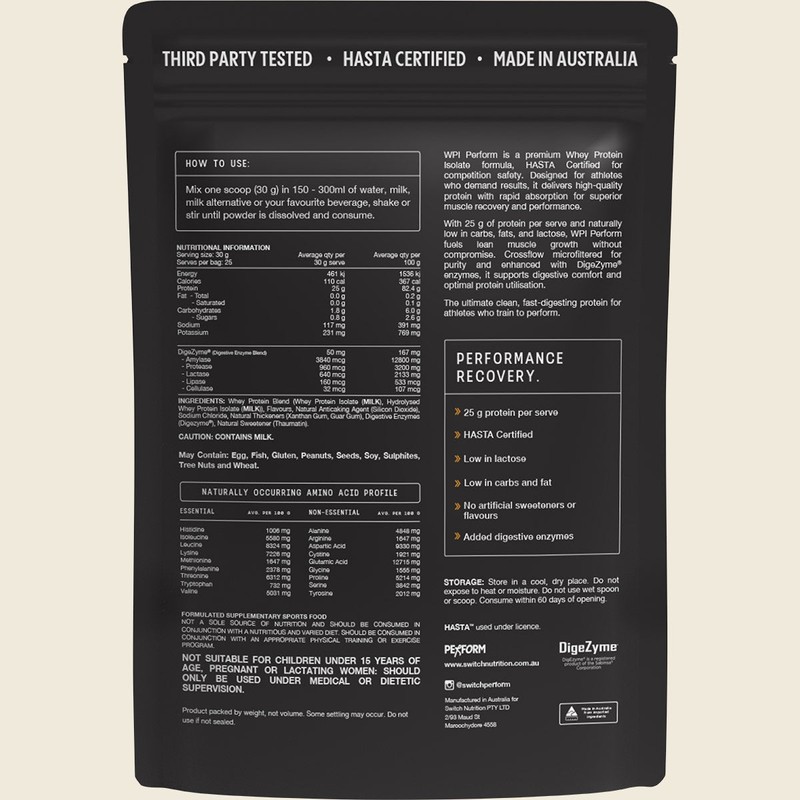 Switch Nutrition Perform Whey Protein Isolate Hasta Cert Vanilla 750g