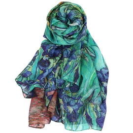 [Anemos] 100% Silk Impressionist Vincent Van Gogh Iris Chiffon Silk Large Famous Painting Stole Gift, green
