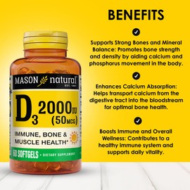 MASON NATURAL Vitamin D3 2,000 IU Ultra Strength, Supports Bone Density, Strength & Immune Health, 60 Softgels