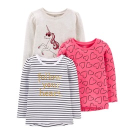Simple Joys by Carter's Girls' 3-Pack Graphic Long-Sleeve Tees, Hearts/Stripe/Unicorn, 5T