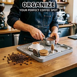 Espresso Tamping Mat, Silicone Coffee Bar Mat for Countertop, Non-Slip Coffee Tamper Mat with Coffee Bean Texture, Heat Resistant Espresso Station Organizer for Portafilter, 10.19" x 9.44", Grey