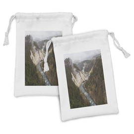 Lunarable Landscape Fabric Pouch Set of 2, Curved River in the Yellowstone Geological Destination Aerial View, Small Drawstring Bag for Toiletries Masks and Favors, 9" x 6", Army Green and Umber