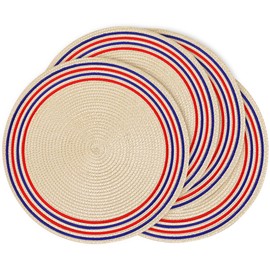 Feuille Patriotic Placemats Round Independence Day Placemats Set of 4 Red Blue Element Patterned Washable Woven Placemats for Kitchen Dining Table, Perfect for Holiday Parties - 13.5 Inch