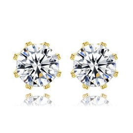 8.4mm Yellow Gold Cubic Zirconia 14K Gold Diamond Stud Earrings for Women - 8 Prong Round 8mm AAA + CZ - 925 Sterling Silver Stud Earrings Jewellery Gift, Yellow Gold