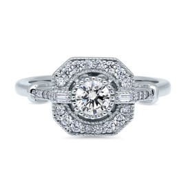 BERRICLE Rhodium Plated Sterling Silver Cubic Zirconia CZ Art Deco Ring Size 6