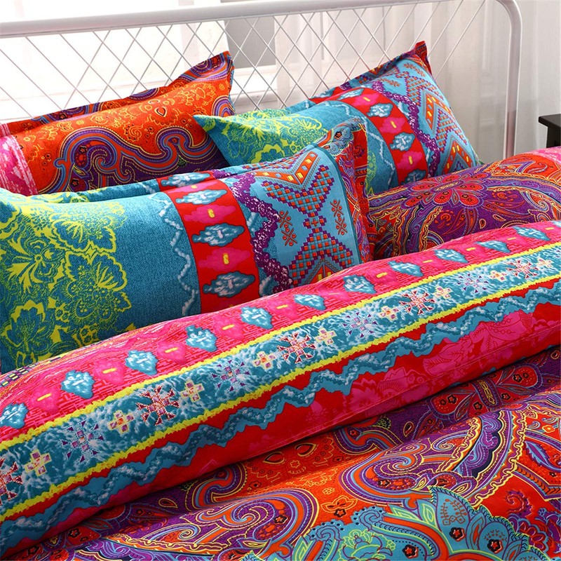 King Size Bohemian Duvet Cover Red and Blue Colorful Boho