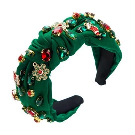Christmas Headband for Women Jeweled Xmas Tree Headband Embellished Crystal Diamond setting Knotted Headbands Wide Top Knot Holiday Headband Christmas Hair Accessories Holiday Gift (Cyan green)